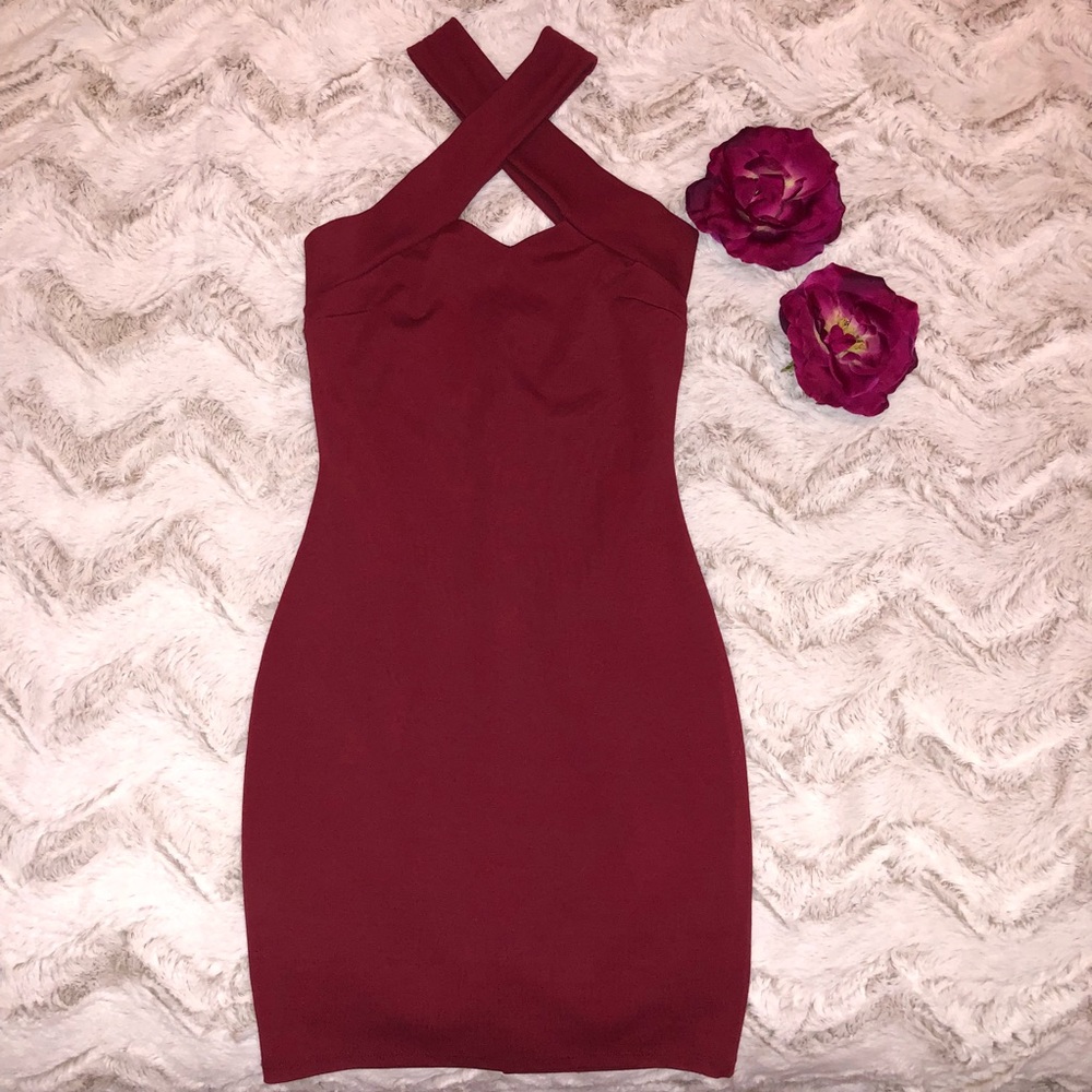 Red cross neck bodycon dress